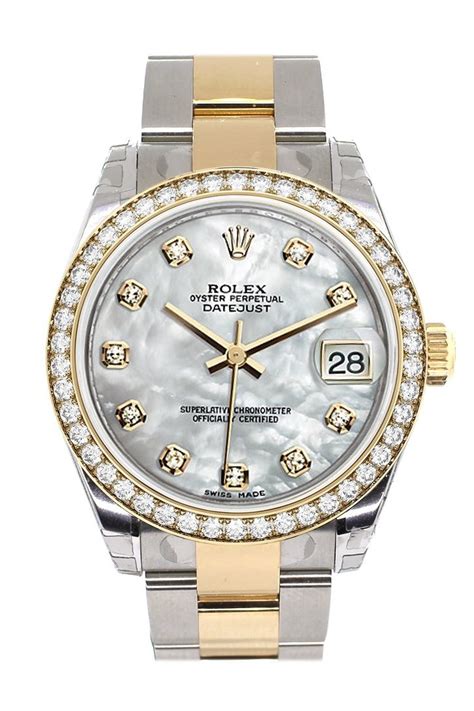 ladies two tone rolex with diamond bezel|rolex mother of pearl datejust.